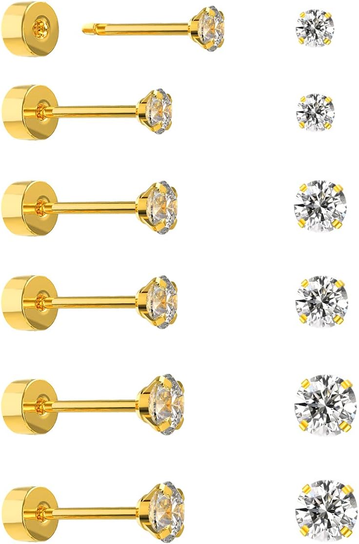 Yetonload 5-6 pairs Push-in Flat Back Stud Earrings Hypoallergenic Surgical Stainless Steel Cubic Zirconia Earrings Studs Set Multi-Pack, CZ Stud Earrings for Women Men Trendy Cartilage Stud Earrings 2-8mm - Image 1
